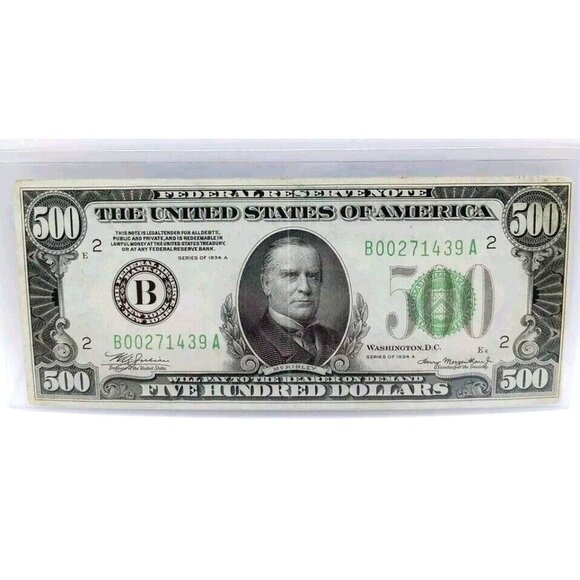 $500 Dollar Bill Note President McKinley Federal Reserve Note-series 1934 A - Picture 1 of 8